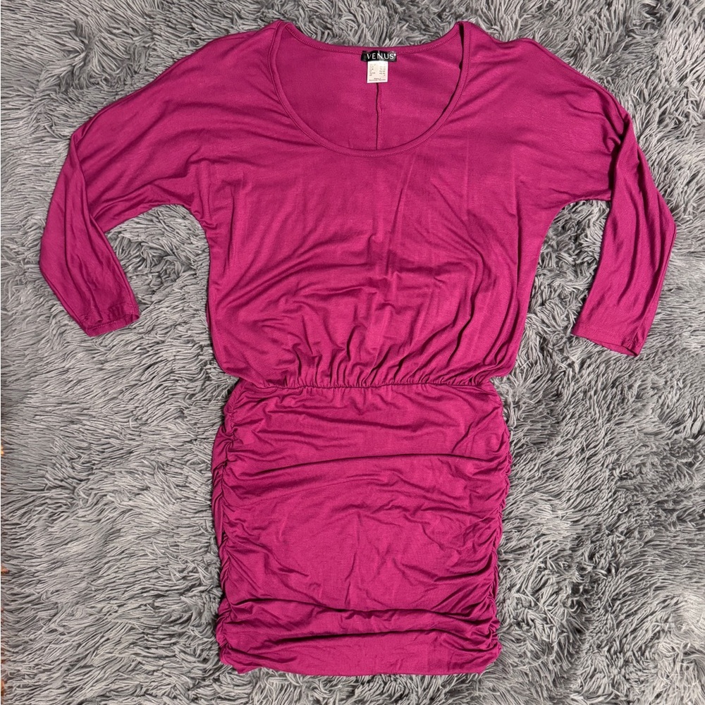 Fuchsia Ruched Dress 3/4 Sleeve NWOT